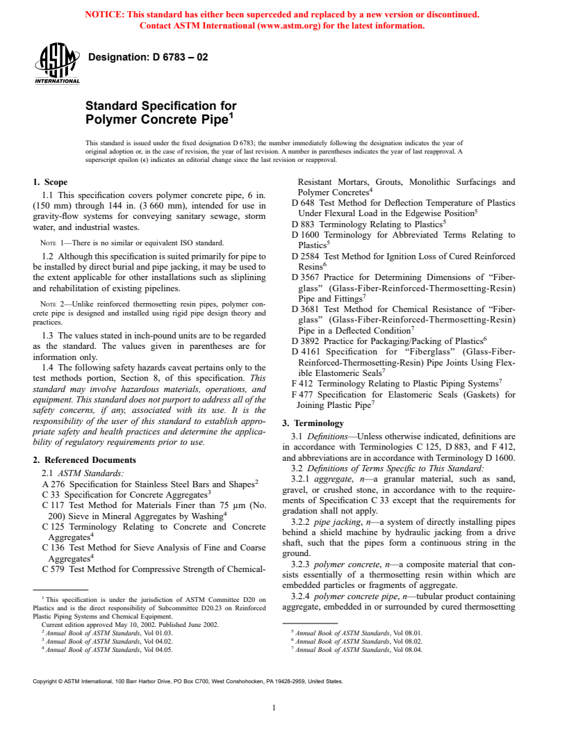 ASTM D6783-02 - Standard Specification for Polymer Concrete Pipe