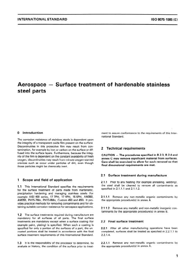 ISO 8075:1985 - Aerospace -- Surface treatment of hardenable stainless steel parts