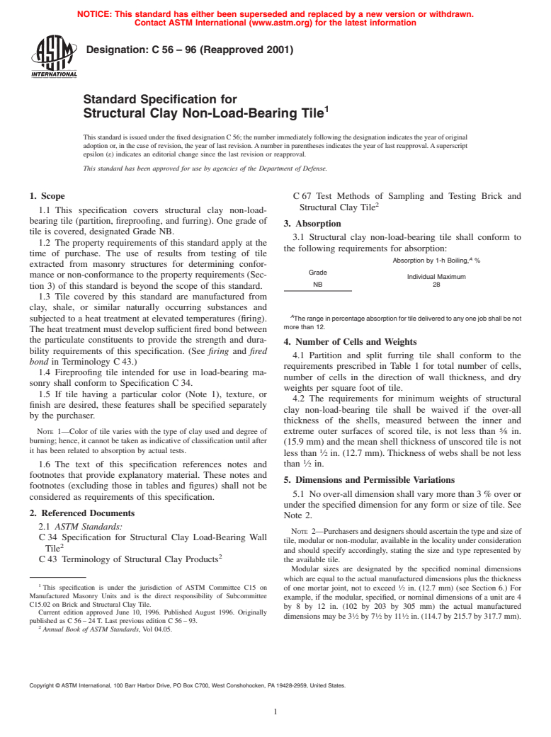 ASTM C56-96(2001) - Standard Specification for Structural Clay Non-Load-Bearing Tile