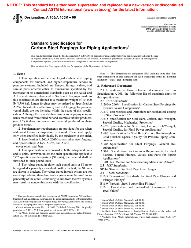 ASTM A105/A105M-00 - Standard Specification for Carbon Steel Forgings for Piping Applications