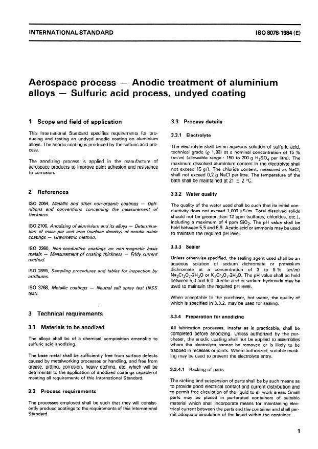 ISO 8078:1984 - Aerospace process -- Anodic treatment of aluminium alloys -- Sulfuric acid process, undyed coating
