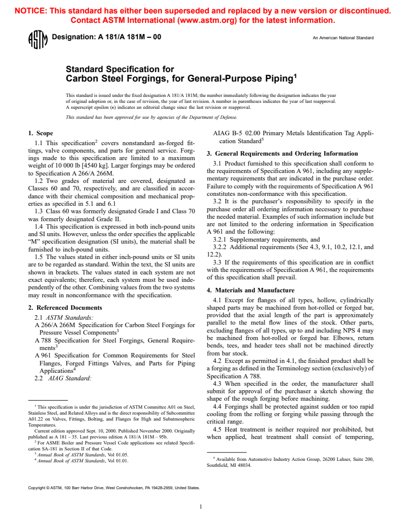 ASTM A181/A181M-00 - Standard Specification for Carbon Steel Forgings, for General-Purpose Piping