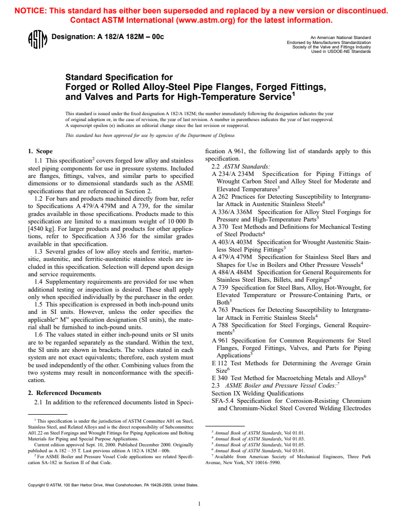 ASTM A182/A182M-00c - Standard Specification for Forged or Rolled Alloy-Steel Pipe Flanges, Forged Fittings, and Valves and Parts for High-Temperature Service