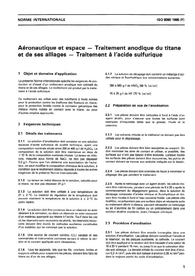 ISO 8080:1985 - Aéronautique et espace -- Traitement anodique du titane et de ses alliages -- Traitement a l'acide sulfurique