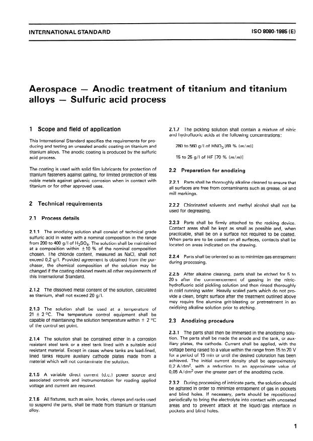 ISO 8080:1985 - Aerospace -- Anodic treatment of titanium and titanium alloys -- Sulfuric acid process