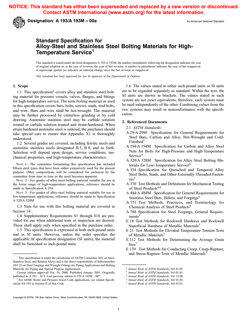 ASTM A193/A193M-00a - Standard Specification for Alloy-Steel and Stainless Steel Bolting Materials for High-Temperature Service