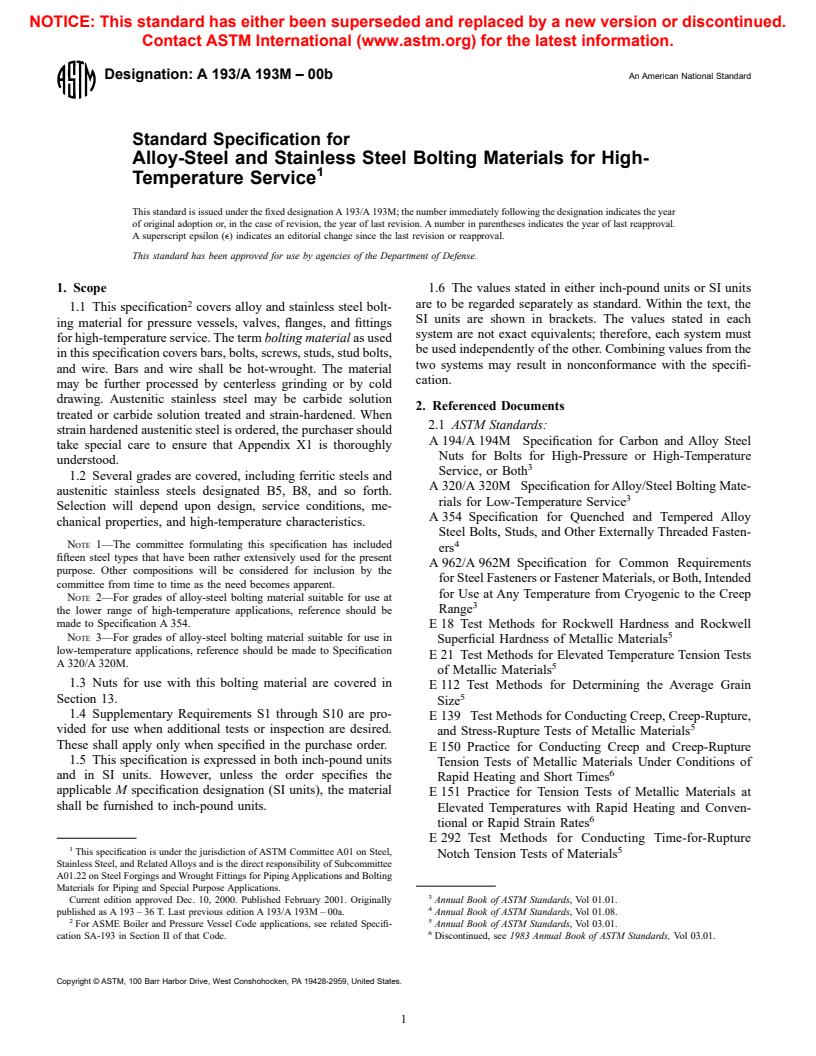 ASTM A193/A193M-00b - Standard Specification for Alloy-Steel and Stainless Steel Bolting Materials for High-Temperature Service