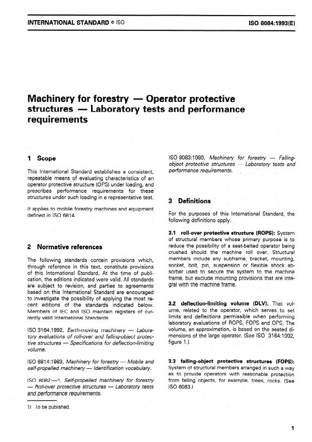 ISO 8084:1993 - Machinery for forestry -- Operator protective structures -- Laboratory tests and performance requirements