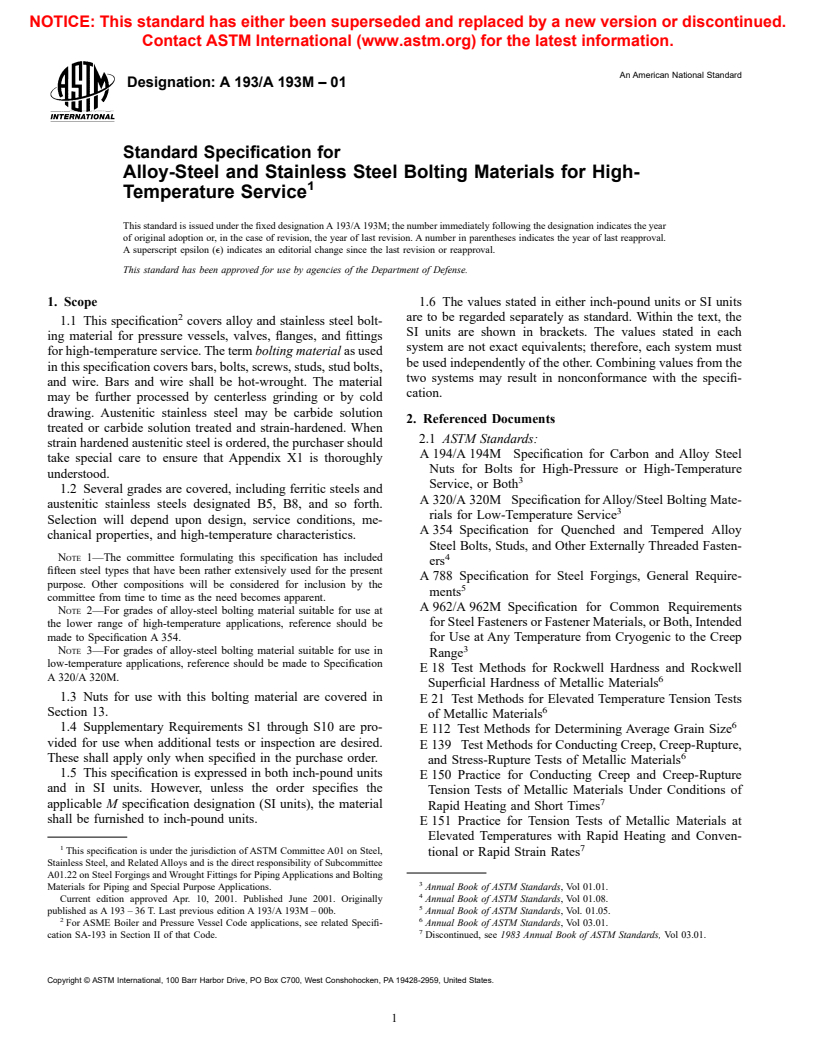 ASTM A193/A193M-01 - Standard Specification for Alloy-Steel and Stainless Steel Bolting Materials for High-Temperature Service