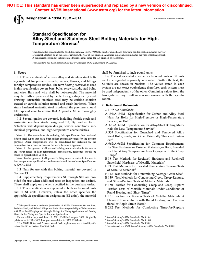 ASTM A193/A193M-01a - Standard Specification for Alloy-Steel and Stainless Steel Bolting Materials for High-Temperature Service