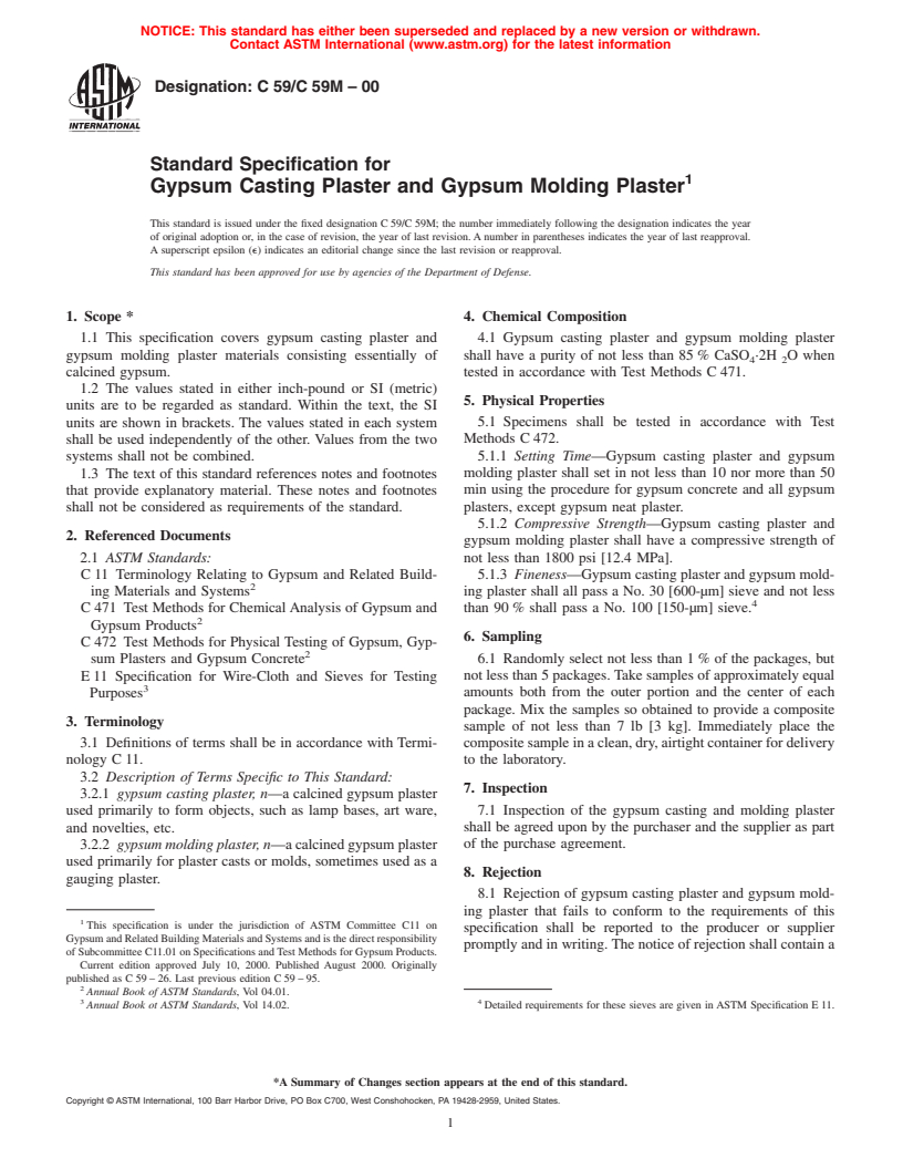 ASTM C59/C59M-00 - Standard Specification for Gypsum Casting Plaster and Gypsum Molding Plaster