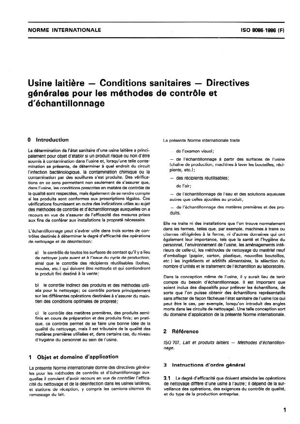 ISO 8086:1986 - Usine laitiere -- Conditions sanitaires -- Directives générales pour les méthodes de contrôle et d'échantillonnage