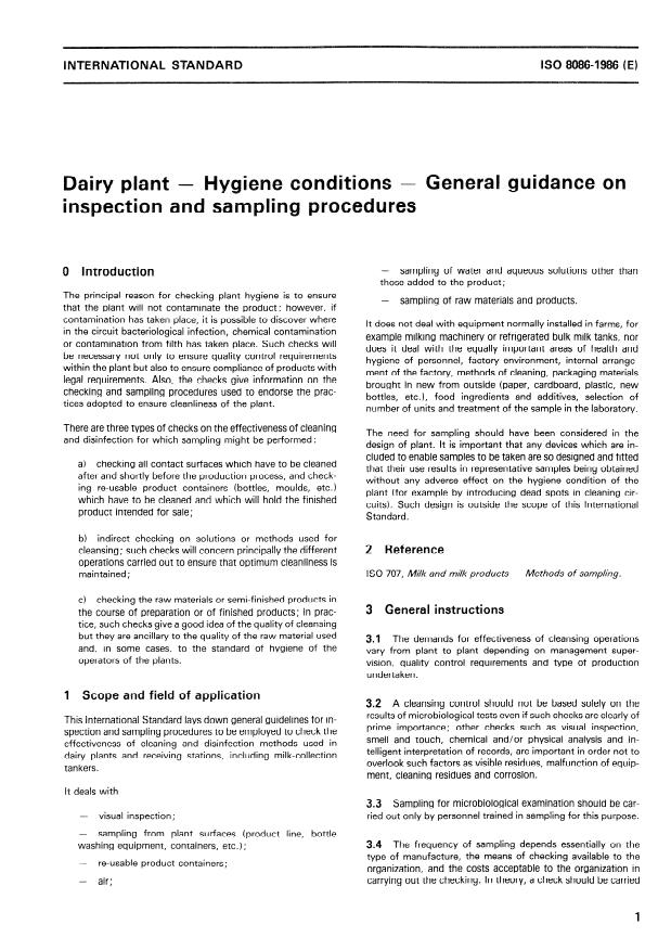 ISO 8086:1986 - Dairy plant -- Hygiene conditions -- General guidance on inspection and sampling procedures