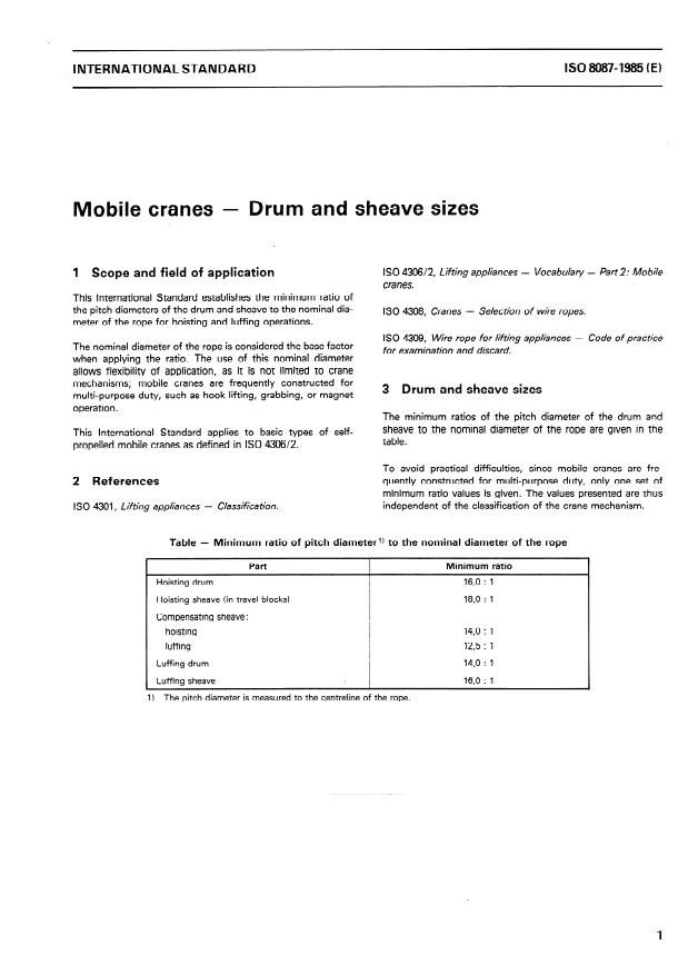 ISO 8087:1985 - Mobile cranes -- Drum and sheave sizes