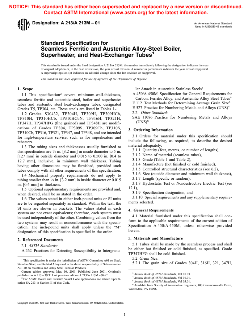 ASTM A213/A213M-01 - Standard Specification for Seamless Ferritic and Austenitic Alloy-Steel Boiler, Superheater, and Heat-Exchanger Tubes
