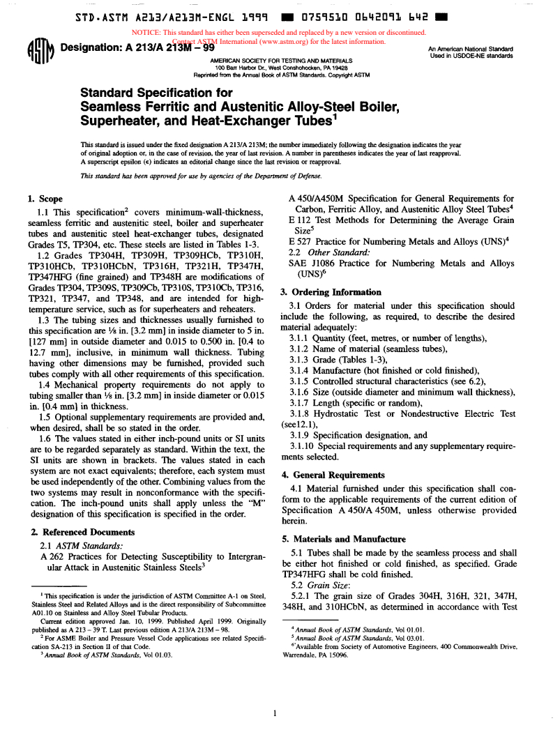 ASTM A213/A213M-99e1 - Standard Specification for Seamless Ferritic and Austenitic Alloy-Steel Boiler, Superheater, and Heat-Exchanger Tubes