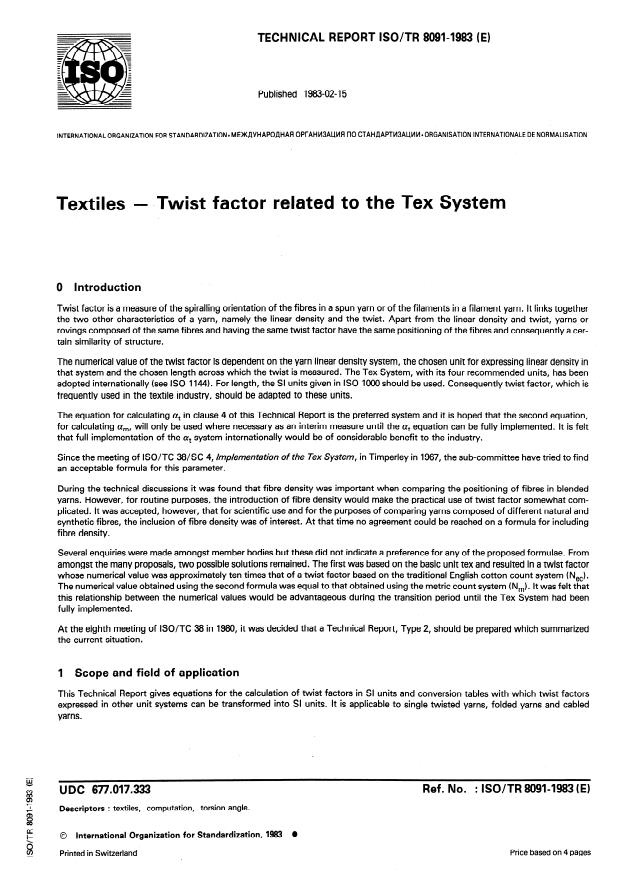 ISO/TR 8091:1983 - Textiles -- Twist factor related to the Tex System