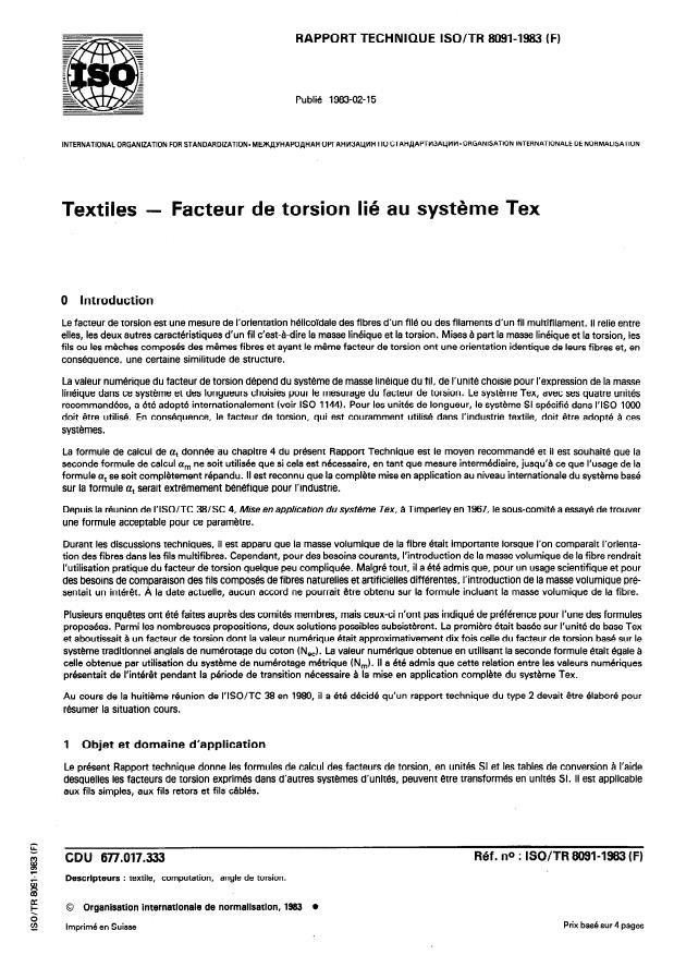 ISO/TR 8091:1983 - Textiles -- Facteur de torsion lié au systeme Tex
