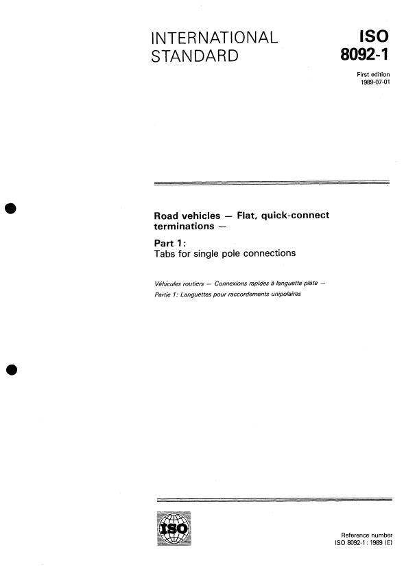 ISO 8092-1:1989 - Road vehicles -- Flat, quick-connect terminations