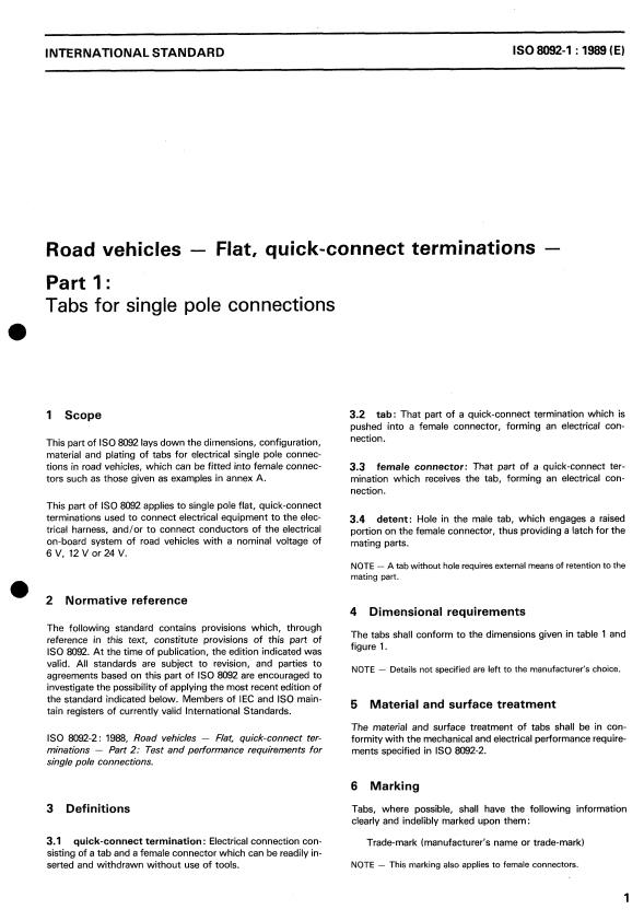 ISO 8092-1:1989 - Road vehicles -- Flat, quick-connect terminations