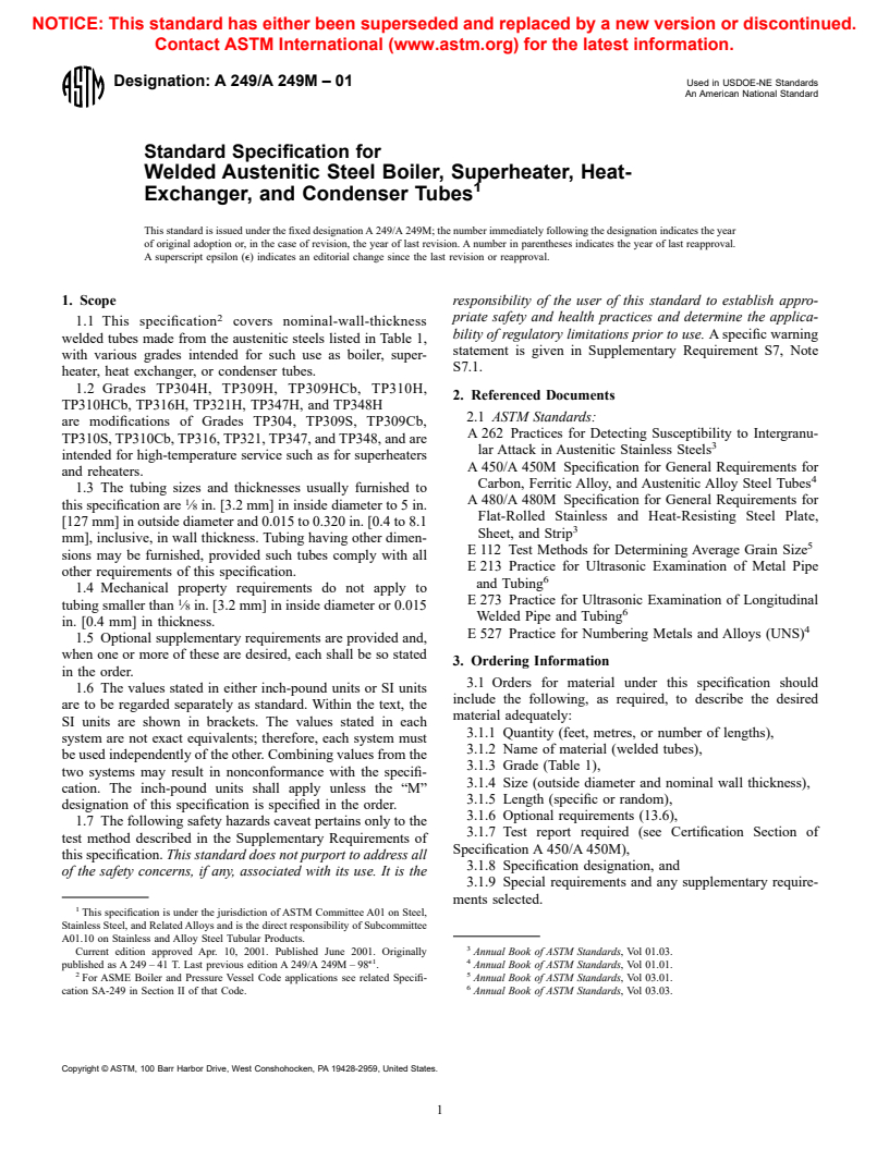 ASTM A249/A249M-01 - Standard Specification for Welded Austenitic Steel Boiler, Superheater, Heat-Exchanger, and Condenser Tubes