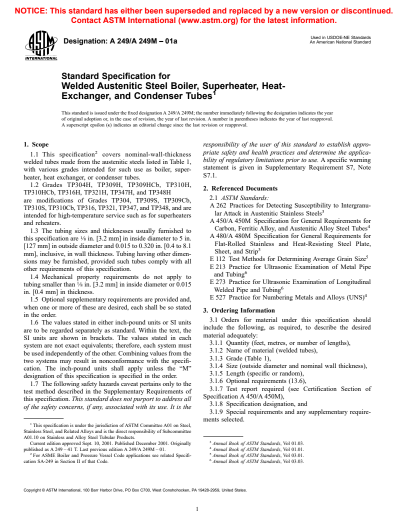 ASTM A249/A249M-01a - Standard Specification for Welded Austenitic Steel Boiler, Superheater, Heat-Exchanger, and Condenser Tubes