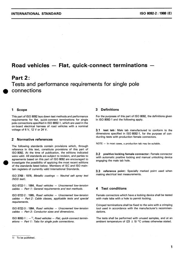 ISO 8092-2:1988 - Road vehicles -- Flat, quick-connect terminations