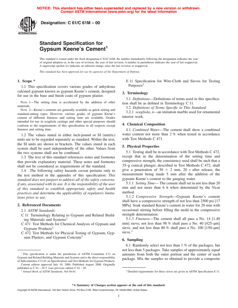 ASTM C61/C61M-00 - Standard Specification for Gypsum Keene's Cement