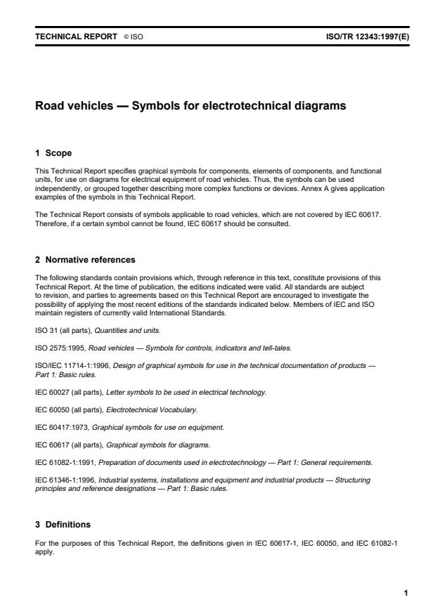 ISO/TR 12343:1997 - Road vehicles -- Symbols for electrotechnical diagrams