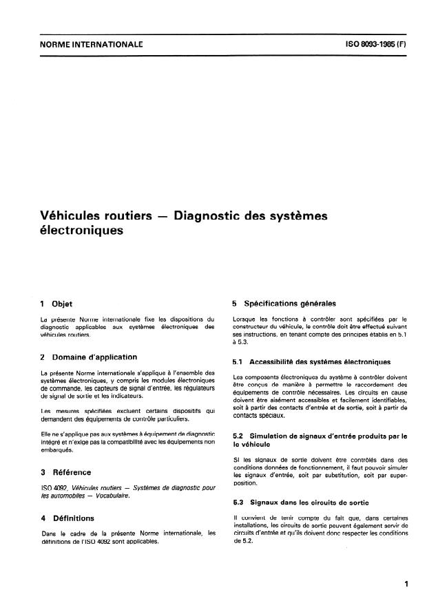 ISO 8093:1985 - Véhicules routiers -- Diagnostic des systemes électroniques