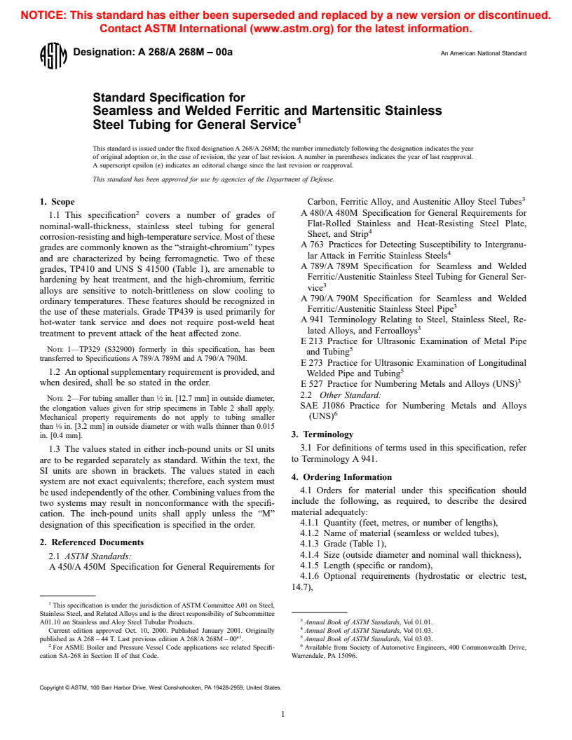 ASTM A268/A268M-00a - Standard Specification for Seamless and Welded Ferritic and Martensitic Stainless Steel Tubing for General Service