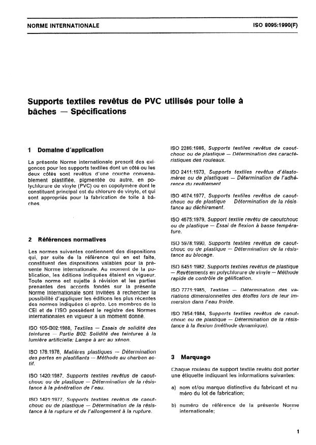 ISO 8095:1990 - Supports textiles revetus de PVC utilisés pour toile a bâches -- Spécifications