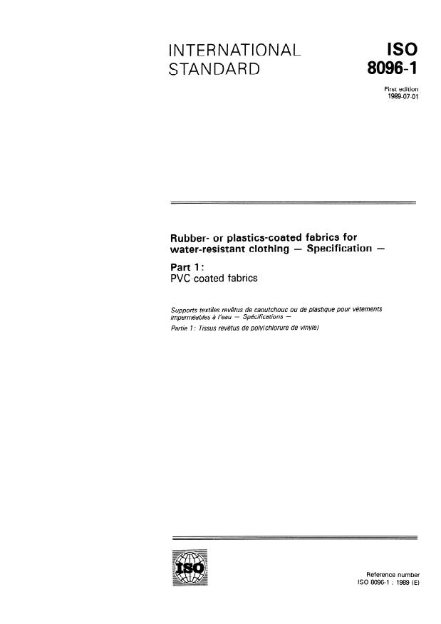 ISO 8096-1:1989 - Rubber- or plastics-coated fabrics for water-resistant clothing -- Specification