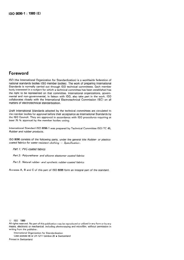 ISO 8096-1:1989 ISO 8096-1:1989 - Rubber- or plastics-coated fabrics for water-resistant clothing -- Specification - Page 2 preview