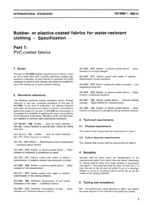 ISO 8096-1:1989 - Rubber- or plastics-coated fabrics for water-resistant clothing -- Specification