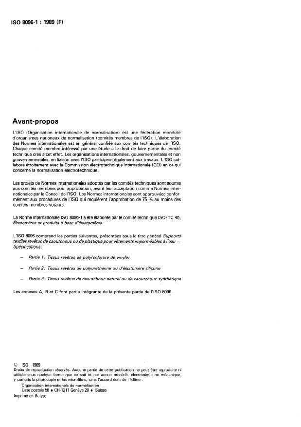 ISO 8096-1:1989 ISO 8096-1:1989 - Supports textiles revetus de caoutchouc ou de plastique pour vetements imperméables a l'eau -- Spécifications - Page 2 preview