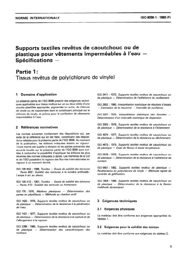 ISO 8096-1:1989 - Supports textiles revetus de caoutchouc ou de plastique pour vetements imperméables a l'eau -- Spécifications