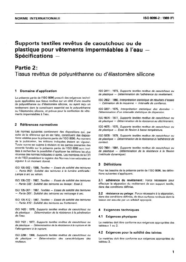 ISO 8096-2:1989 - Supports textiles revetus de caoutchouc ou de plastique pour vetements imperméables a l'eau -- Spécifications
