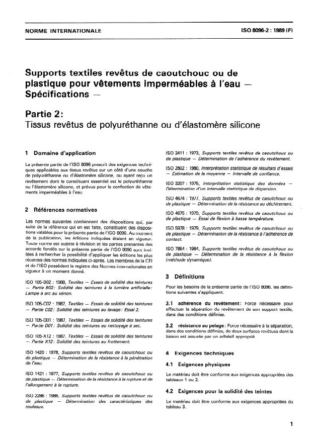 ISO 8096-2:1989 - Supports textiles revetus de caoutchouc ou de plastique pour vetements imperméables a l'eau -- Spécifications