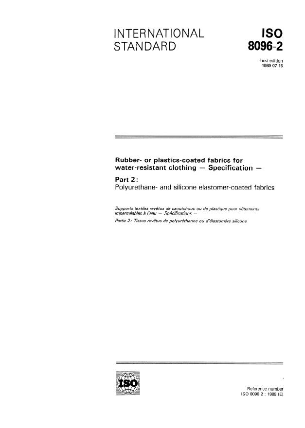 ISO 8096-2:1989 - Rubber- or plastics-coated fabrics for water-resistant clothing -- Specification