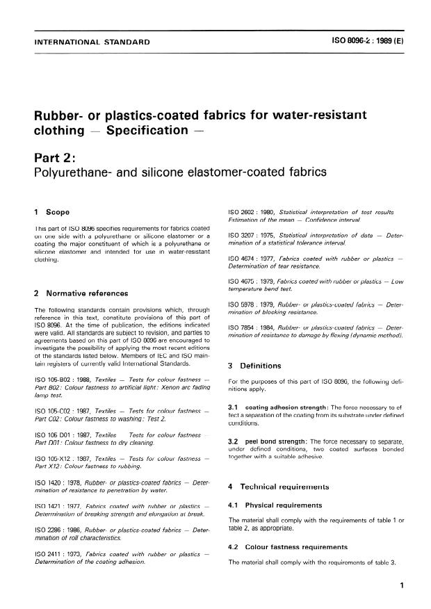 ISO 8096-2:1989 - Rubber- or plastics-coated fabrics for water-resistant clothing -- Specification