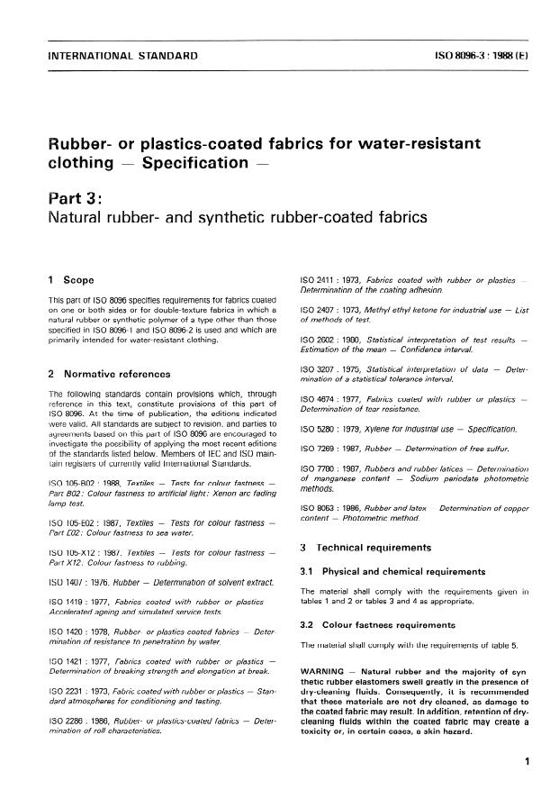 ISO 8096-3:1988 - Rubber- or plastics-coated fabrics for water-resistant clothing -- Specification