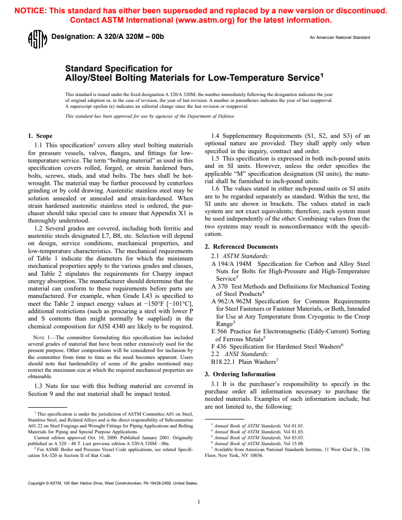 ASTM A320/A320M-00b - Standard Specification for Alloy/Steel Bolting Materials for Low-Temperature Service