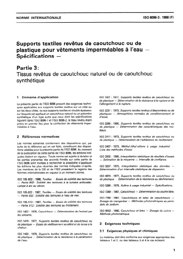 ISO 8096-3:1988 - Supports textiles revetus de caoutchouc ou de plastique pour vetements imperméables a l'eau -- Spécifications