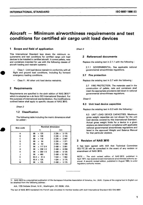 ISO 8097:1986 - Aircraft -- Minimum airworthiness requirements and test conditions for certified air cargo unit load devices
