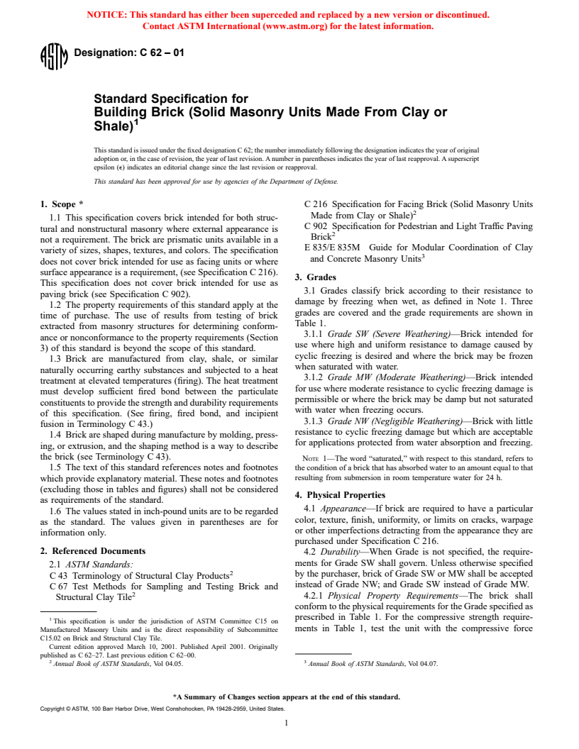 ASTM C62-01 - Standard Specification for Building Brick (Solid Masonry Units Made From Clay or Shale)