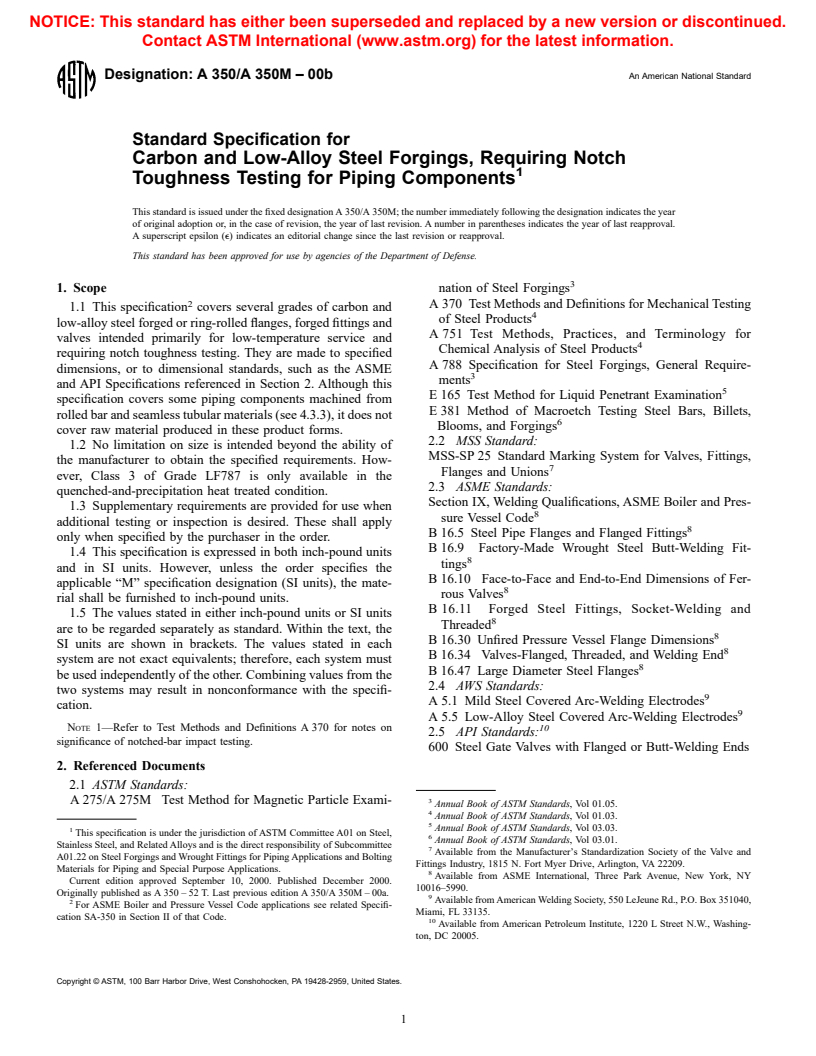 ASTM A350/A350M-00b - Standard Specification for Carbon and Low-Alloy Steel Forgings, Requiring Notch Toughness Testing for Piping Components