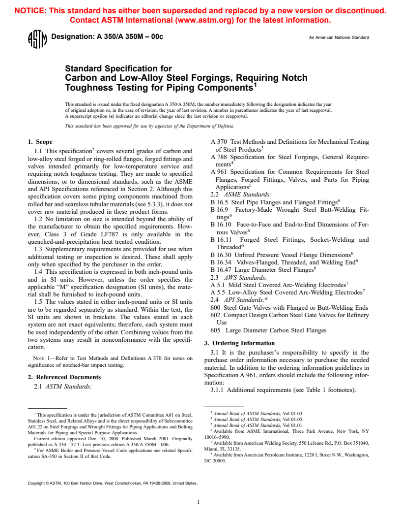 ASTM A350/A350M-00c - Standard Specification for Carbon and Low-Alloy Steel Forgings, Requiring Notch Toughness Testing for Piping Components