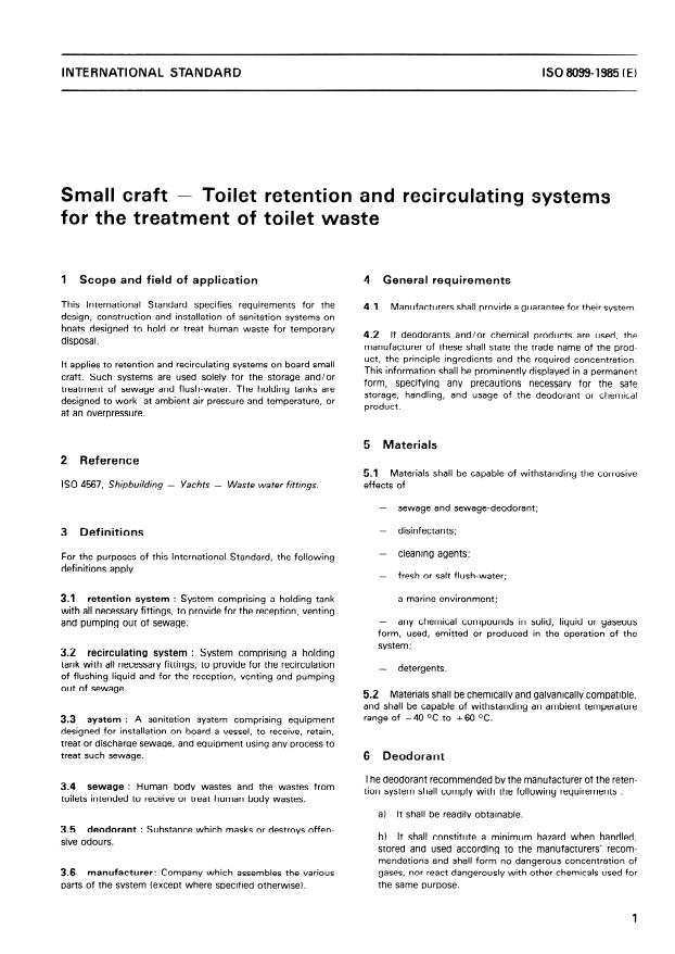 ISO 8099:1985 - Small craft -- Toilet retention and recirculating systems for the treatment of toilet waste