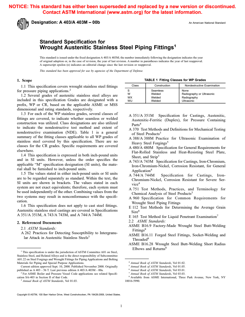 ASTM A403/A403M-00b - Standard Specification for Wrought Austenitic Stainless Steel Piping Fittings